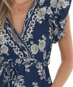 ANGIE Navy Floral Print Surplice Waist Tie Woven Dress Dresses