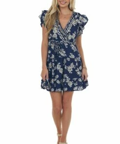 ANGIE Navy Floral Print Surplice Waist Tie Woven Dress Dresses