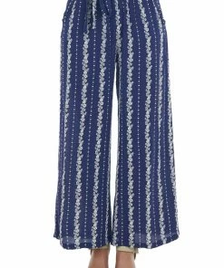 ANGIE Navy Floral Print Waist Tie Wide Leg Pants Bottoms