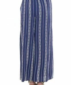 ANGIE Bottoms Navy Floral Striped Front Slit Wide Leg Pants