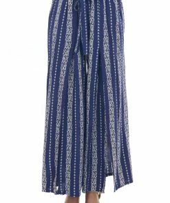 ANGIE Bottoms Navy Floral Striped Front Slit Wide Leg Pants