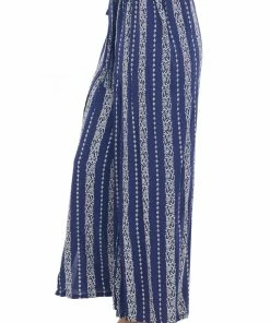 ANGIE Bottoms Navy Floral Striped Front Slit Wide Leg Pants