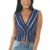 ANGIE Navy Floral Striped Peplum Cropped Tank Top Tops