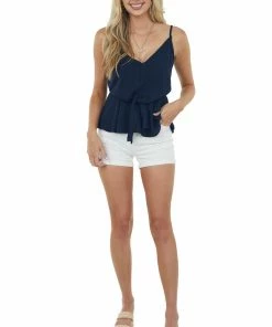 She + Sky Navy Front Knot V Neck Cami Peplum Blouse