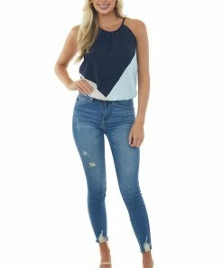 Haptics Navy Geometric Colorblock Halter Neck Blouse