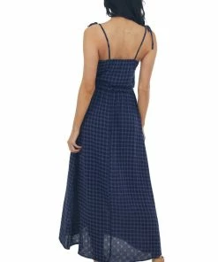 Umgee Navy Gingham Smocked Tie Strap Midi Dress Dresses
