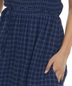 Umgee Navy Gingham Smocked Tie Strap Midi Dress Dresses