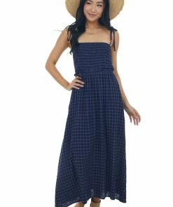 Umgee Navy Gingham Smocked Tie Strap Midi Dress Dresses