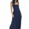 Umgee Navy Gingham Smocked Tie Strap Midi Dress Dresses