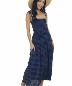 Umgee Navy Gingham Smocked Tie Strap Midi Dress Dresses