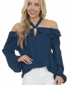 SugarFox Tops Navy Halter Cold Shoulder Long Sleeve Blouse