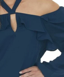 SugarFox Tops Navy Halter Cold Shoulder Long Sleeve Blouse