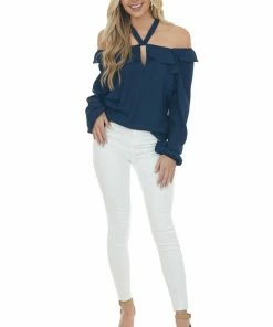 SugarFox Tops Navy Halter Cold Shoulder Long Sleeve Blouse