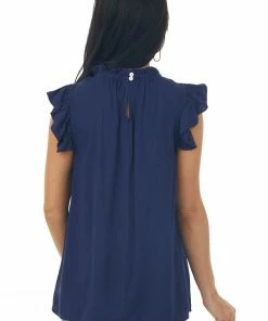 FSL APPAREL Navy High Neck Flutter Sleeve Woven Top Tops 12 FSL APPAREL Navy High Neck Flutter Sleeve Woven Top Tops