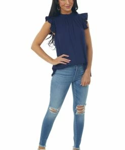 FSL APPAREL Navy High Neck Flutter Sleeve Woven Top Tops 9 FSL APPAREL Navy High Neck Flutter Sleeve Woven Top Tops