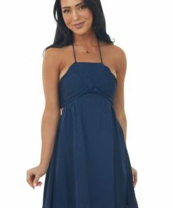 Umgee Navy Jacquard Floral Shirred Bust Halter Dress Trends