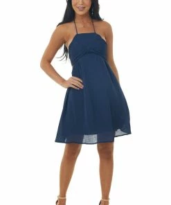 Umgee Navy Jacquard Floral Shirred Bust Halter Dress Trends