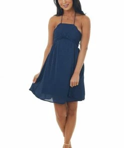 Umgee Navy Jacquard Floral Shirred Bust Halter Dress Trends