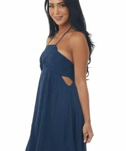 Umgee Navy Jacquard Floral Shirred Bust Halter Dress Trends
