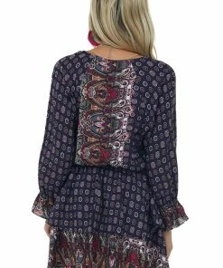 Umgee Navy Multiprint Surplice Long Sleeve Tiered Short Dress