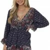 Umgee Navy Multiprint Surplice Long Sleeve Tiered Short Dress