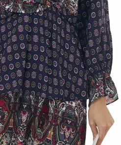 Umgee Navy Multiprint Surplice Long Sleeve Tiered Short Dress