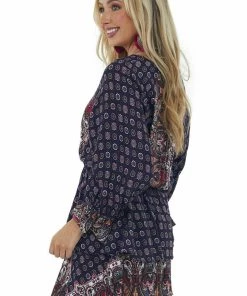 Umgee Navy Multiprint Surplice Long Sleeve Tiered Short Dress