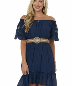 Umgee Navy Off Shoulder Bell Sleeve Short Dress