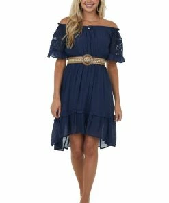 Umgee Navy Off Shoulder Bell Sleeve Short Dress