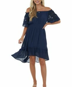 Umgee Navy Off Shoulder Bell Sleeve Short Dress 10 Umgee Navy Off Shoulder Bell Sleeve Short Dress