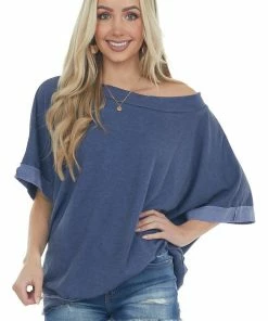 Fantastic Fawn Navy Oversized Raw Seam Short Sleeve Top