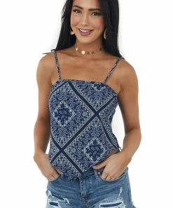 BiBi Navy Paisley Print Sleeveless Knit Tank Top