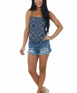 BiBi Navy Paisley Print Sleeveless Knit Tank Top