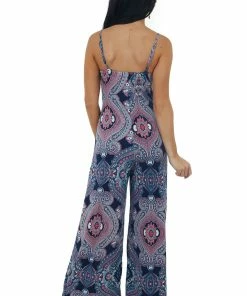 Ces Femme Dresses Navy Paisley Print V Neck Wide Leg Jumpsuit