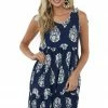 Haptics Navy Printed Short Dress With Shoulder Ties Dresses