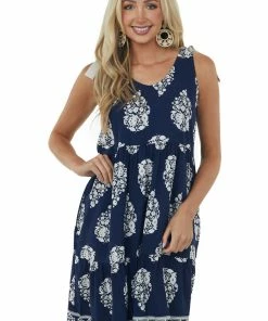 Haptics Navy Printed Short Dress With Shoulder Ties Dresses