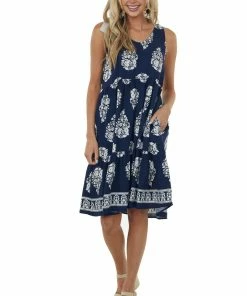 Haptics Navy Printed Short Dress With Shoulder Ties Dresses