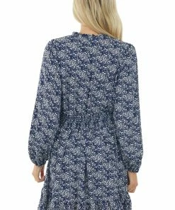 Hailey & Co Navy Printed Split Neck Smocked Waist Dress 12 Hailey & Co Navy Printed Split Neck Smocked Waist Dress