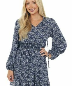 Hailey & Co Navy Printed Split Neck Smocked Waist Dress