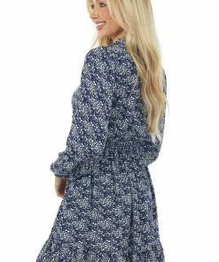 Hailey & Co Navy Printed Split Neck Smocked Waist Dress 11 Hailey & Co Navy Printed Split Neck Smocked Waist Dress