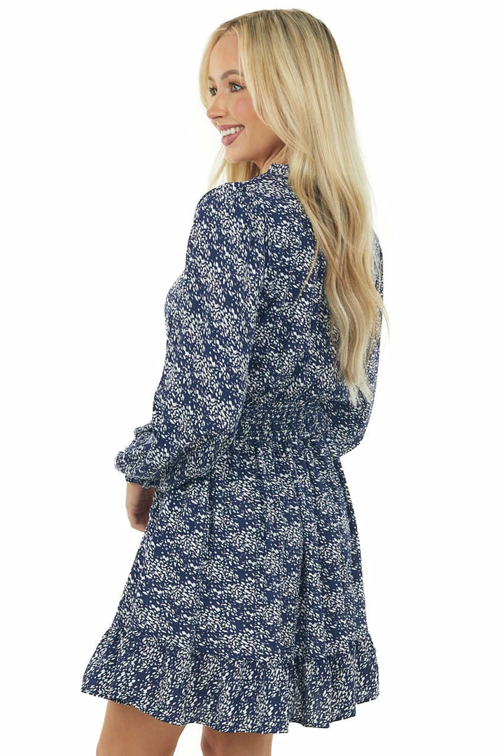 Hailey & Co Navy Printed Split Neck Smocked Waist Dress 6 Hailey & Co Navy Printed Split Neck Smocked Waist Dress