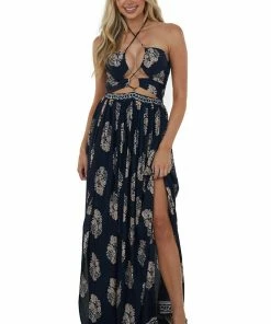 Miss Avenue Dresses Navy Printed Strappy Cut Out Halter Maxi Dress 13 Miss Avenue Dresses Navy Printed Strappy Cut Out Halter Maxi Dress