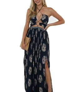 Miss Avenue Dresses Navy Printed Strappy Cut Out Halter Maxi Dress 14 Miss Avenue Dresses Navy Printed Strappy Cut Out Halter Maxi Dress