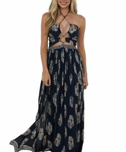 Miss Avenue Dresses Navy Printed Strappy Cut Out Halter Maxi Dress 12 Miss Avenue Dresses Navy Printed Strappy Cut Out Halter Maxi Dress