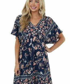Haptics Dresses Navy Printed V Neck Babydoll Short Dress