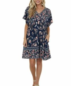 Haptics Dresses Navy Printed V Neck Babydoll Short Dress