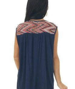 Haptics Tops Navy Ribbed Knit Tank Top With Chevron Yoke 12 Haptics Tops Navy Ribbed Knit Tank Top With Chevron Yoke