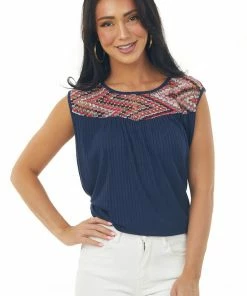 Haptics Tops Navy Ribbed Knit Tank Top With Chevron Yoke