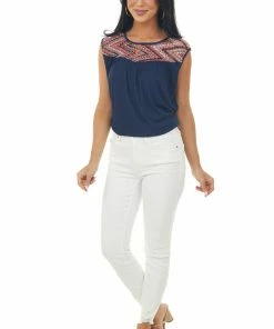Haptics Tops Navy Ribbed Knit Tank Top With Chevron Yoke