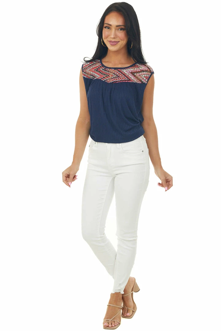 Haptics Tops Navy Ribbed Knit Tank Top With Chevron Yoke 4 Haptics Tops Navy Ribbed Knit Tank Top With Chevron Yoke